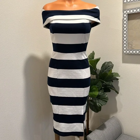 Dance & Marvel | Dresses | Dance Marvel Bodycon Off Shoulder Stripe Dress  Navy Blue White Nautical Size S